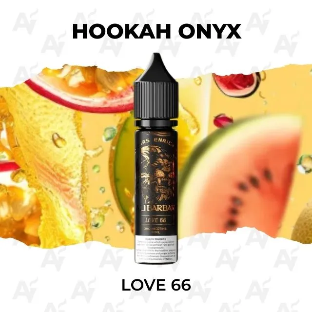 Hookah Onyx Love 66 - Just Vapes Australia - Love 66 E-liquid Bottle by Hookah Onyx, Front and Center with a Fruity Background.