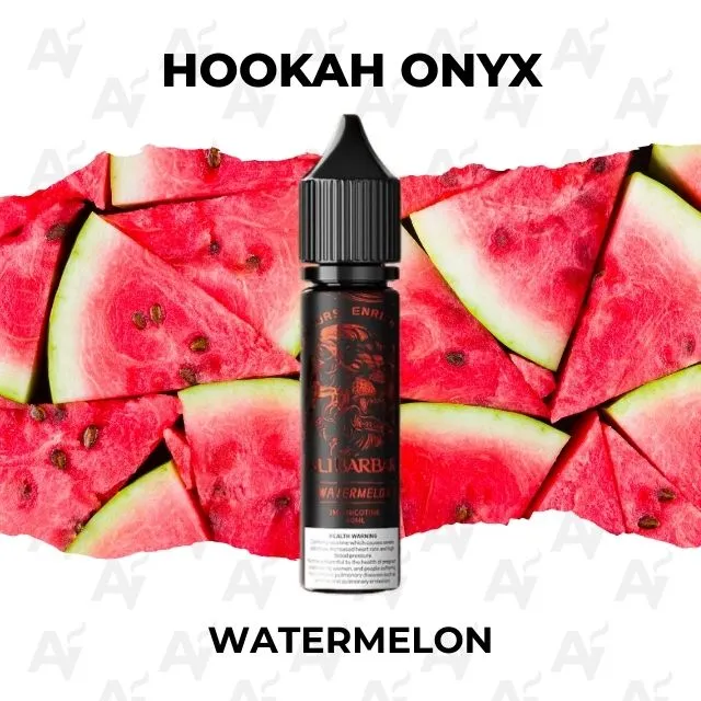 Hookah Onyx Watermelon - Just Vapes Australia - Hookah Onyx Watermelon-flavored E-liquid Bottle Centered on Watermelon Slices Background.