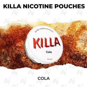 KILLA nicotine pouches in cola flavor with the white round cap against a splashy cola background (informational product image)