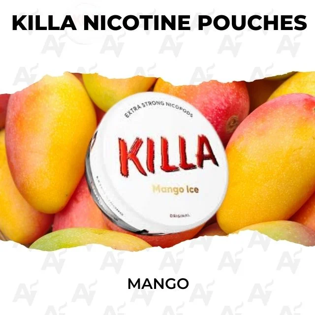 Killa Nicotine Pouches – Mango - Just Vapes Australia - Tin of Killa Mango Ice Nicotine Pouches Surrounded by Ripe Mangoes