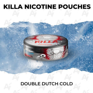 Can of KILLA nicotine pouches, Double Dutch Cold, on a snowy blue ice background.