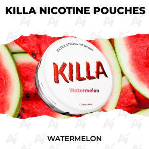 Tin of KILLA Watermelon nicotine pouches on a watermelon-themed background with a torn white border behind it.
