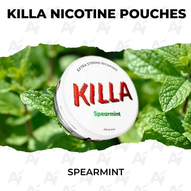 Killa Nicotine Pouches – Spearmint - Just Vapes Australia - Tin of Killa Spearmint Nicotine Pouches Perched Among Green Mint Leaves, Product on Display