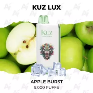 Kuz Lux Apple Burst disposable vape bottle on a background of green apples with ice cubes; claims 9,000 puffs.