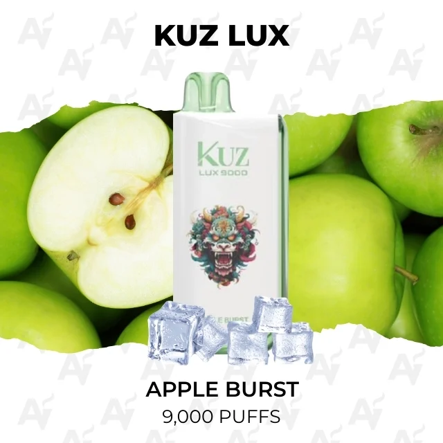 Kuz Lux Apple Burst 9000 Puffs - Just Vapes Australia - Kuz-lux-9000-apple-burstwebp - Just Vapes Australia Kuz Lux Apple Burst 9000 Puffs - Just Vapes Australia - Kuz Lux Apple Burst Disposable Vape Bottle on a Background of Green Apples with Ice Cubes; Claims 9,000 Puffs.