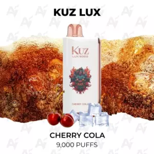 Kuz Lux 9000 Cherry Cola disposable vape bottle upright with a red dragon logo, surrounded by cherries and ice cubes against a fizzy background.