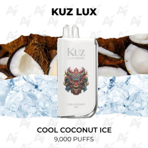 Kuz Lux disposable vape device labeled Cool Coconut Ice, centered with coconut and ice background, 9,000 puffs