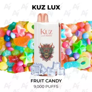 KUZ LUX Fruit Candy disposable vape device with a dragon crest on the label, surrounded by colorful candies; 9,000 puffs