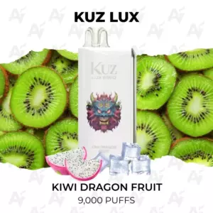 Kuz Lux Kiwi Dragon Fruit vape bottle with dragon motif, surrounded by kiwi slices, dragon fruit wedges, and ice cubes; text reads '9,000 Puffs'