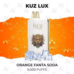 Kuz Lux bottle with orange soda splash background and ice cubes, labeled Orange Fanta Soda — 9,000 puffs (informational product image).