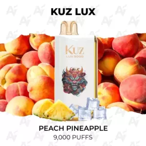 Kuz Lux vape device labeled Peach Pineapple, surrounded by peaches and ice, advertising 9,000 puffs.