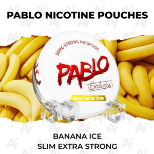 Pablo Banana Ice Slim Extra Strong nicotine pouches tin against a banana background.