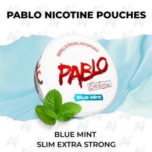 Tin of Pablo Blue Mint nicotine pouches with fresh mint leaves, advertising Slim Extra Strong.