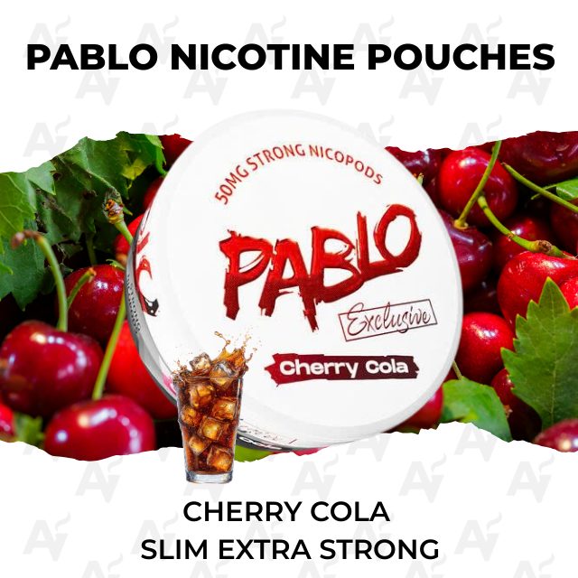 Pablo Nicotine Pouches – Cherry Cola - Just Vapes Australia - Pablo Cherry Cola Slim Extra Strong Nicotine Pouches Tin on a Background of Cherries, with a Glass of Cola in Front.