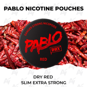 Pablo Dry Red nicotine pouches logo on a black circle against a red chili pepper background.