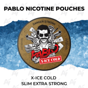 Brand logo for Pablo Nicotine Pouches with an illustrated man wielding guns, money, and bold 'X-ICE COLD' text on an icy background.