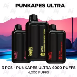 Three black Punkapes Ultra disposable vapes (4,000 puffs) on a pink-to-purple background
