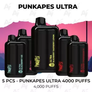 Five black disposable vape devices labeled PUNKAPES ULTRA with 4000 puffs, arranged against a pink-purple backdrop.