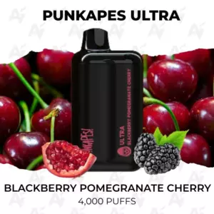 Punkapes Ultra vape device in front of berries with blackberry, pomegranate slice, and cherries; flavor is Blackberry Pomegranate Cherry, 4,000 puffs.