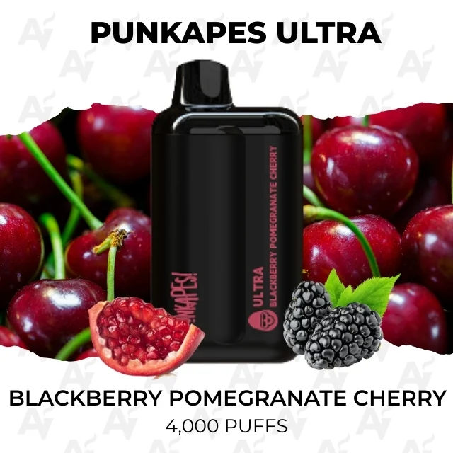 Punkapes Ultra Blackberry Pomegranate Cherry 4000 Puffs - Just Vapes Australia - Punkapes-ultra-4000-blackberry-pomegranate-cherrywebp - Just Vapes Australia Punkapes Ultra Blackberry Pomegranate Cherry 4000 Puffs - Just Vapes Australia - Punkapes Ultra Vape Device in Front of Berries with Blackberry, Pomegranate Slice, and Cherries; Flavor is Blackberry Pomegranate Cherry, 4,000 Puffs.