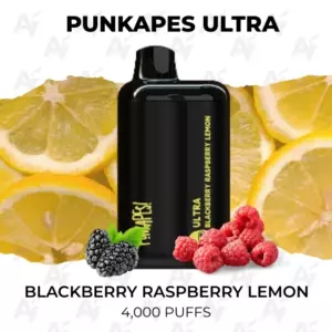 Punkapes Ultra vape device labeled Blackberry Raspberry Lemon, with lemon slices and berries in the background; 4,000 puffs.
