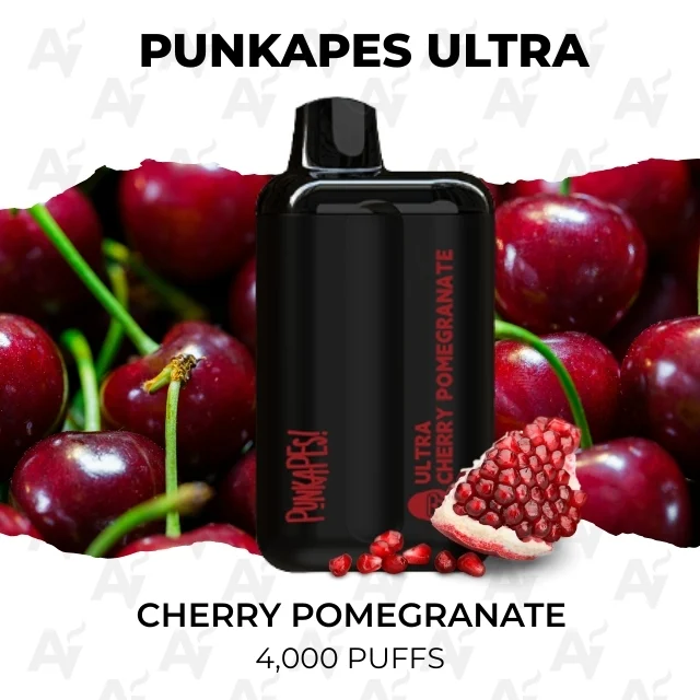 Punkapes Ultra Cherry Pomegranate 4000 Puffs - Just Vapes Australia - Punkapes-ultra-4000-cherry-pomegranatewebp - Just Vapes Australia Punkapes Ultra Cherry Pomegranate 4000 Puffs - Just Vapes Australia - Punkapes Ultra Vape Device with Cherry Pomegranate Flavor, Black Bottle on a Cherry-filled Backdrop Showing 4,000 Puffs.