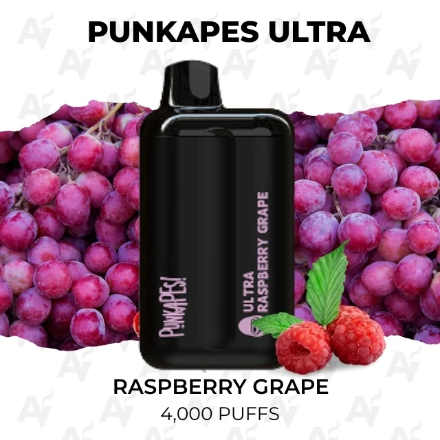 Punkapes Ultra Raspberry Grape 4000 Puffs - Just Vapes Australia - Punkapes Ultra Vape Device Labeled Raspberry Grape, Set Against Grape and Raspberry Background; Mentions 4,000 Puffs.