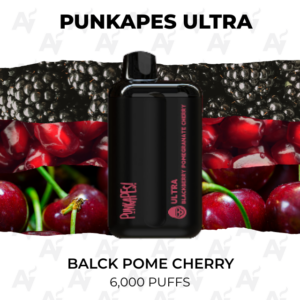 Punkapes Ultra vape bottle centered on a blackberry and cherry background; flavor Blackberry Pomegranate Cherry, 6,000 puffs.