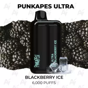 Punkapes Ultra disposable vape in black with cyan 'Punkapes' and 'Ultra Blackberry Ice' text, centered between blackberry clusters and ice cubes; below reads 'Blackberry Ice' and '6,000 puffs'