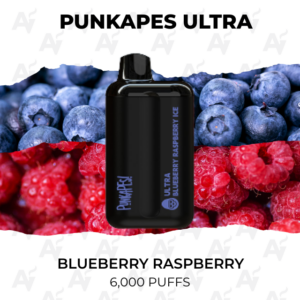 PUNKAPES ULTRA disposable vape, black, centered over a berry background (blueberries and raspberries), flavor Blueberry Raspberry with 6,000 puffs text.