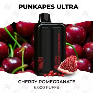 Punkapes Ultra disposable vape in black with red label against a cherry background; bottom reads Cherry Pomegranate 6,000 puffs.