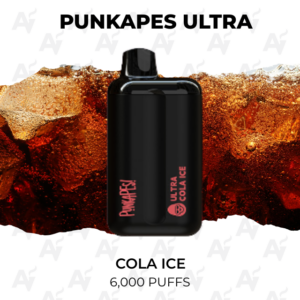 Punkapes Ultra Cola Ice disposable vape device with 6,000 puffs on a cola background