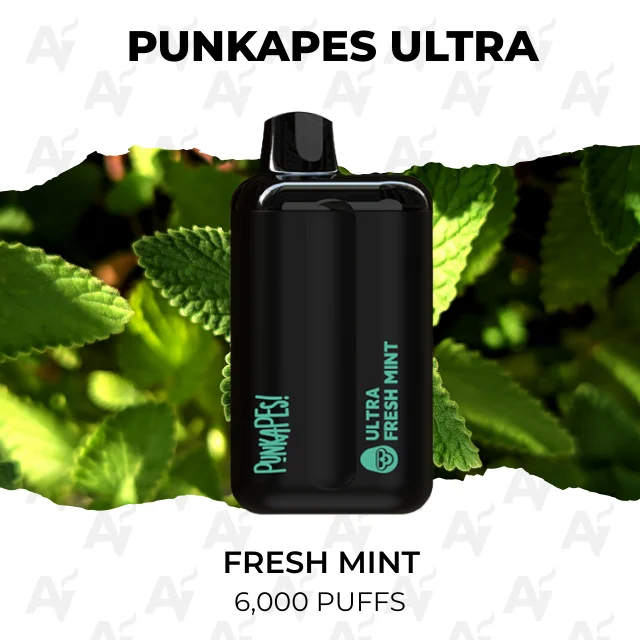 Punkapes Ultra Fresh Mint 6000 Puffs - Just Vapes Australia - Punkapes-ultra-6000-fresh-mintwebp - Just Vapes Australia Punkapes Ultra Fresh Mint 6000 Puffs - Just Vapes Australia - Punkapes Ultra Disposable Vape in Black with Mint Text 'ultra Fresh Mint' Against Green Leaves; Caption Reads 'fresh Mint' and '6,000 Puffs'