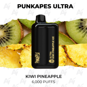 Punkapés Ultra disposable vape in black centered on a collage of kiwi and pineapple slices; flavor is Ultra Kiwi Pineapple and it advertises 6,000 puffs.