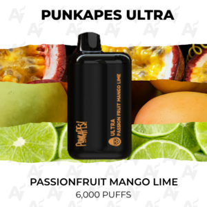 Punkapes Ultra Passionfruit Mango Lime e-liquid bottle centered on a fruit background with mango and lime slices; shows '6,000 puffs' text.