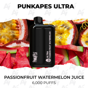 Punkapes Ultra disposable vape device centered on a background of sliced watermelon and passion fruit, labeled Ultra Passion Fruit Watermelon, with text '6,000 Puffs'