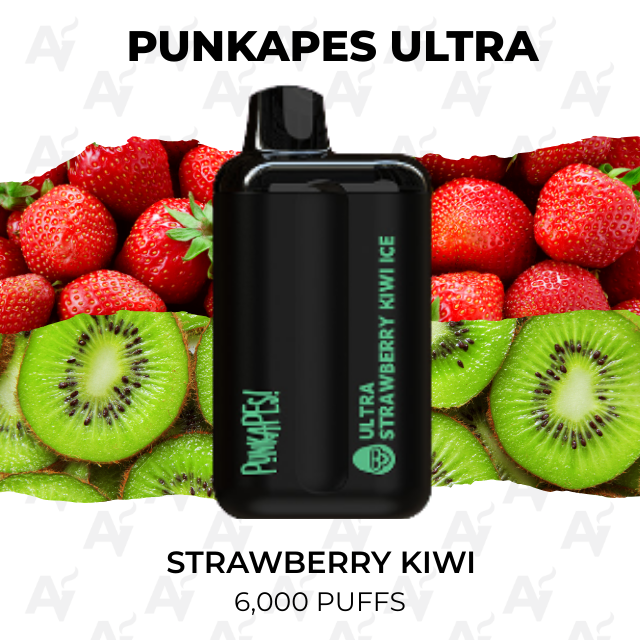 Punkapes Ultra Strawberry Kiwi 6000 Puffs - Just Vapes Australia - Punkapes-ultra-6000-strawberry-kiwi-1 - Just Vapes Australia Punkapes Ultra Strawberry Kiwi 6000 Puffs - Just Vapes Australia - Punkapes Ultra Disposable Vape in Front of a Strawberry and Kiwi Background; Flavor Strawberry Kiwi, 6,000 Puffs.