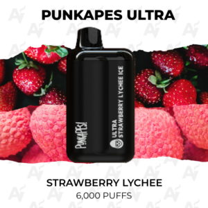 Black Punkapes Ultra vape pod centered on a berry background, flavor Strawberry Lychee, with '6,000 Puffs' shown.
