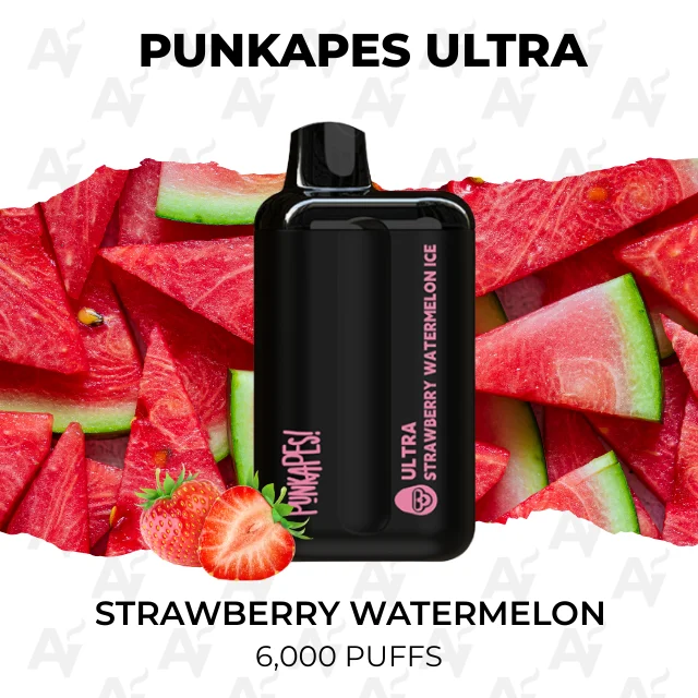 Punkapes Ultra Strawberry Watermelon 6000 Puffs - Just Vapes Australia - Punkapes Ultra Disposable Vape in a Black Case Centered on Watermelon Slices; Flavor Strawberry Watermelon, 6,000 Puffs.