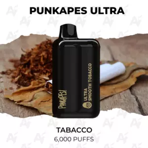 Punkapes Ultra disposable vape in black with 'Ultra Smooth Tobacco' label, on a wooden background; text reads 'TABACCO' and '6,000 PUFFS'