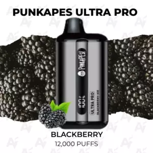 Punkapes Ultra Pro vape device with blackberry flavor, flanked by clusters of blackberries