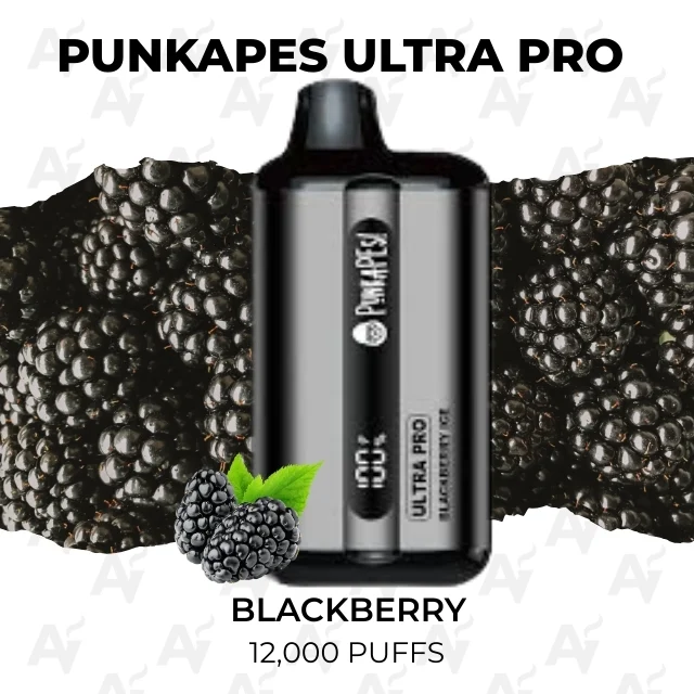 Punkapes Ultra Pro Blackberry 12000 Puffs - Just Vapes Australia - Punkapes Ultra Pro Vape Device with Blackberry Flavor, Flanked by Clusters of Blackberries