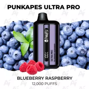 PunkPapes Ultra Pro vaping device centered on a blueberry raspberry background, with the label reading BLUEBERRY RASPBERRY and 12,000 PUFFS.