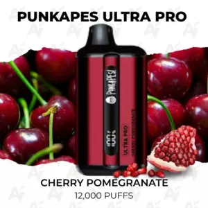 Punkapes Ultra Pro vape device (red and black) with cherry and pomegranate flavor, 12,000 puffs.