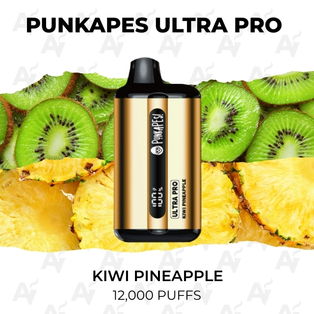 Punkapes Ultra Pro Kiwi Pineapple 12000 Puffs - Just Vapes Australia - Punkapes-ultra-pro-12000-kiwi-pineapple-1 - Just Vapes Australia Punkapes Ultra Pro Kiwi Pineapple 12000 Puffs - Just Vapes Australia - Punkapes Ultra Pro E-cigarette with Kiwi Pineapple Flavor, Gold and Black Device Centered, Kiwi and Pineapple Background, Product Name and 12,000 Puffs Displayed.