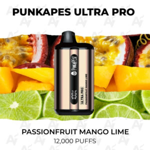 PunkPapes Ultra Pro disposable vape in rose-gold, Passionfruit Mango Lime flavor; background shows mango, lime, and passion fruit with '12,000 puffs' text.