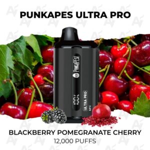 PunkPapes Ultra Pro disposable vape in front of a berry backdrop; flavor Blackberry Pomegranate Cherry, 12,000 puffs