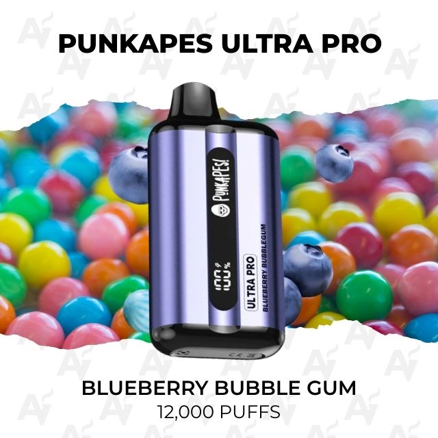 Punkapes Ultra Pro Blueberry Raspbery Bubble Gum 12000 Puffs - Just Vapes Australia - Punkapes-ultra-pro-12000-puffs-blueberry-raspbery-bubble-gum-1 - Just Vapes Australia Punkapes Ultra Pro Blueberry Raspbery Bubble Gum 12000 Puffs - Just Vapes Australia - Punkapes Ultra Pro Disposable Vape Device with Blueberry Bubble Gum Flavor and 12,000 Puffs, Set Against Colorful Candy Background.