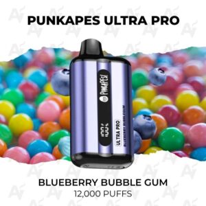 Punkapes Ultra Pro vape pod in front of a colorful bubble gum background; flavor Blueberry Bubble Gum, 12,000 puffs.