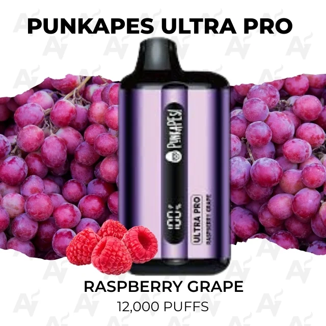 Punkapes Ultra Pro Raspberry Grape 12000 Puffs - Just Vapes Australia - Punkapes Ultra Pro Disposable Vape in Raspberry Grape Flavor, Purple Device with Grape Background, 12,000 Puffs Label Visible.